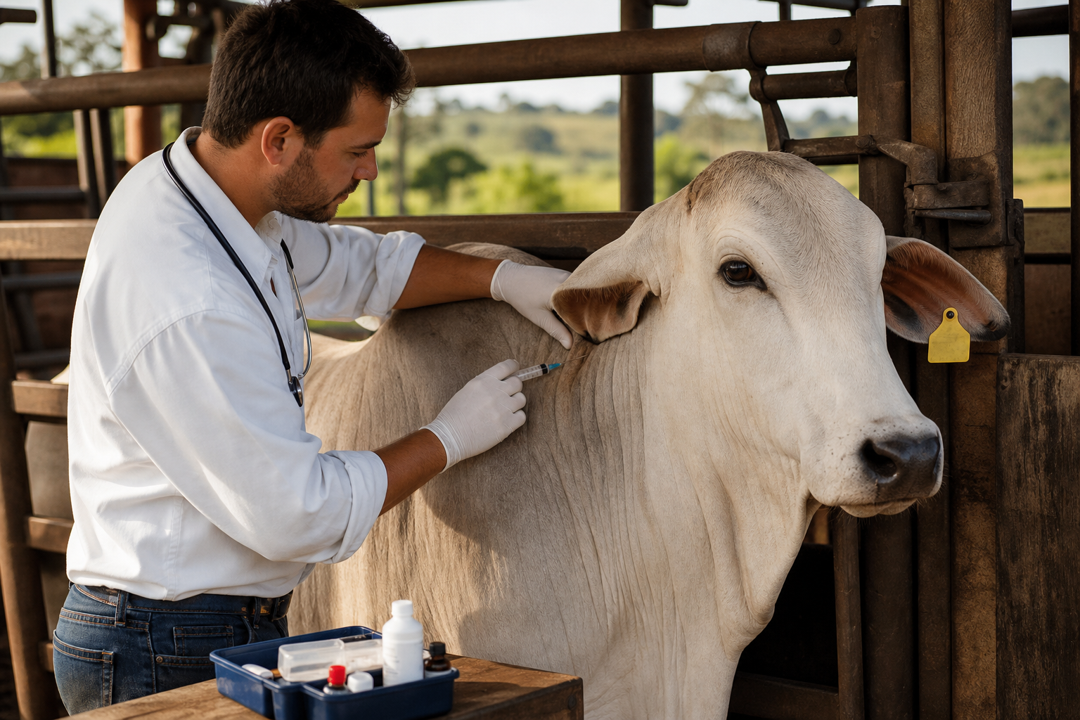 Veterinário realizando vacinação preventiva em bovino